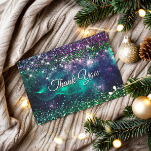 Stylish dark purple green faux glitter monogram thank you card