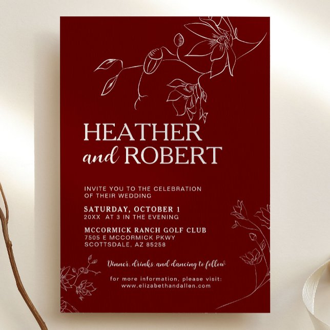 Stylish Dark Red Floral Botanical Boho Wedding Invitation (Creator Uploaded)