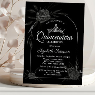 Stylish Dark Roses Black Gothic Quinceañera  Invitation
