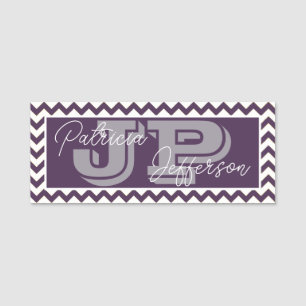 Stylish Dark Violet Purple Chevron Unique Monogram Name Tag