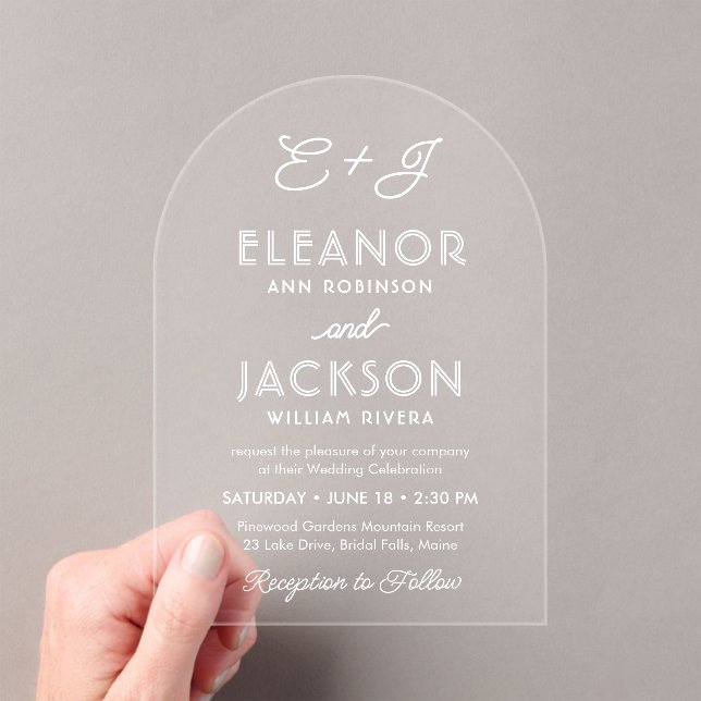 Stylish Deco Typography & Monogram Wedding Arch Acrylic Invitations (Insitu (Handheld))