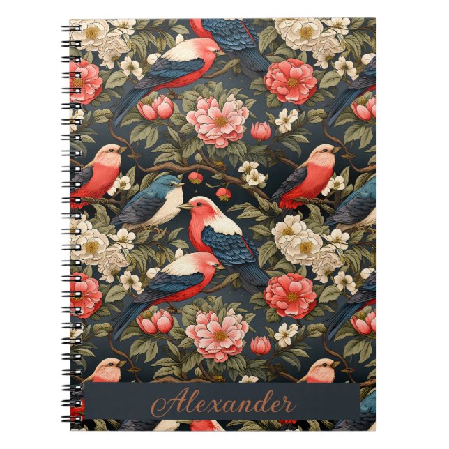 Stylish decorativ Birds & Flowers Pattern Name Notebook (Front)
