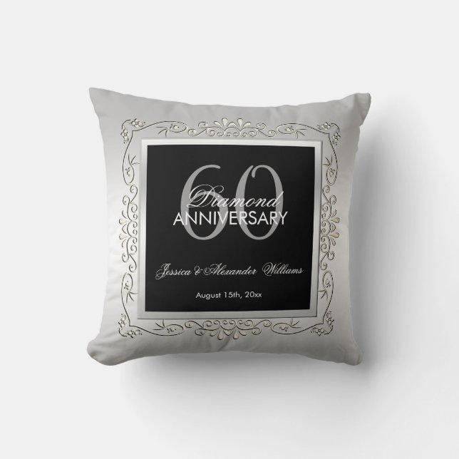 Stylish Decorative Silver 60th Wedding Anniversary Cushion (Front)