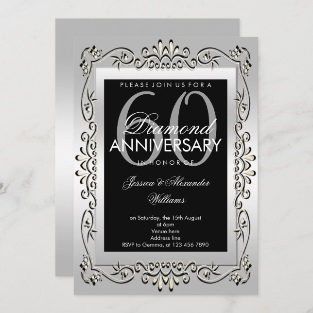Stylish Decorative Silver 60th Wedding Anniversary Invitation (Front/Back)