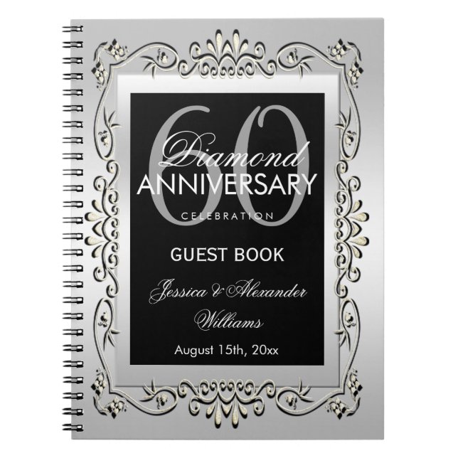 Stylish Decorative Silver 60th Wedding Anniversary Notebook (Front)