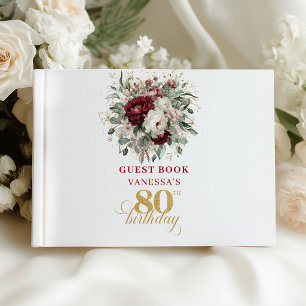 Stylish Deep Red Floral 80th Birthday Guest Book