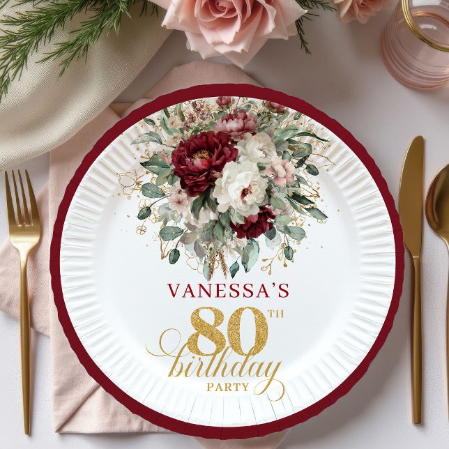 Stylish Deep Red Floral 80th Birthday Paper Plates (Stylish Deep Red Floral 80th Birthday Paper Plates)