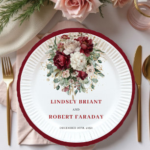 Stylish Deep Red Floral Boho Gold Plates