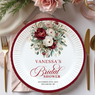 Stylish Deep Red Floral Bridal Shower Paper Plates