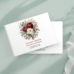 Stylish Deep Red Floral Eucalyptus Gold Guest Book