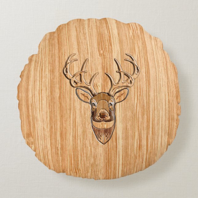 Stylish Deer Head Light Wood Grain Print Round Cushion (Front)