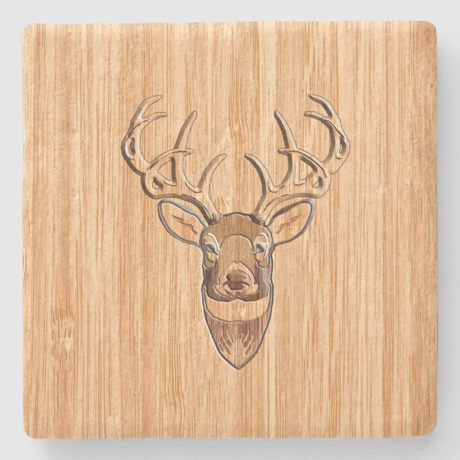 Stylish Deer Head Light Wood Grain Print Stone Coaster (Front)