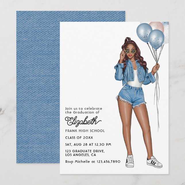Stylish Denim Girl with Balloons Graduation Party Invitation (Front/Back)