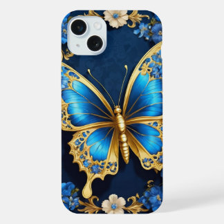 Stylish Design of Golden Butterfly and Blue iPhone 15 Plus Case