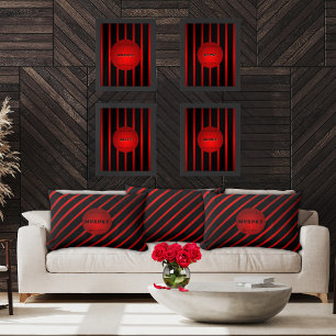 Stylish Diagonal Black Red Stripes Monogram Name  Lumbar Cushion