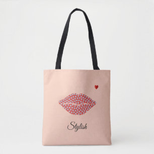 Stylish diamond lips, calligraphy & heart on coral tote bag