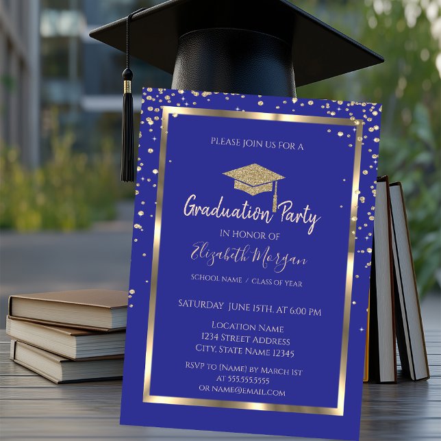 Stylish Diamonds Gold Grad Cap Violet Graduation Invitation (Creator Uploaded)