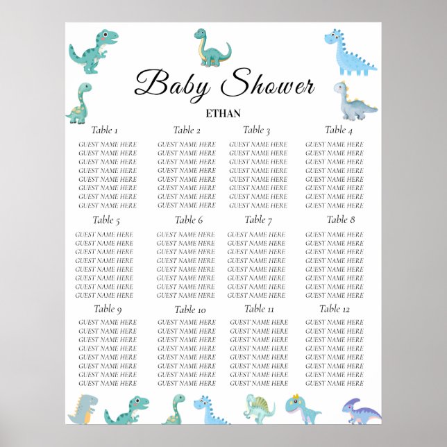Stylish Dinosaur Baby Shower White Poster (Front)