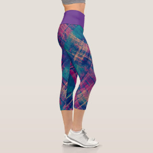 Stylish Distressed Plaid Check Purple Waistband Capri Leggings