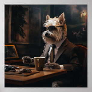 Stylish Dog in a Suit Drinking Coffee Poster