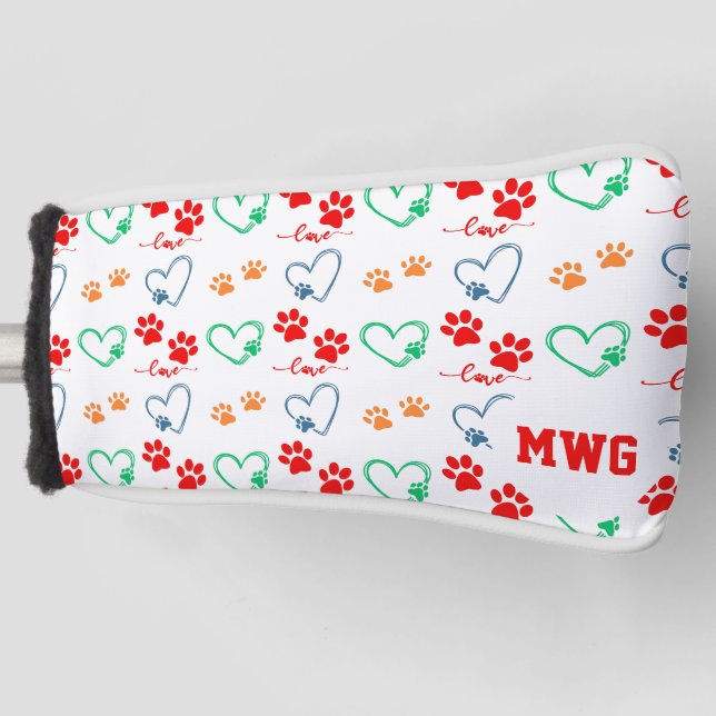 Stylish DOG PAW PRINTS and LOVE HEARTS Monogram Golf Head Cover (Front)