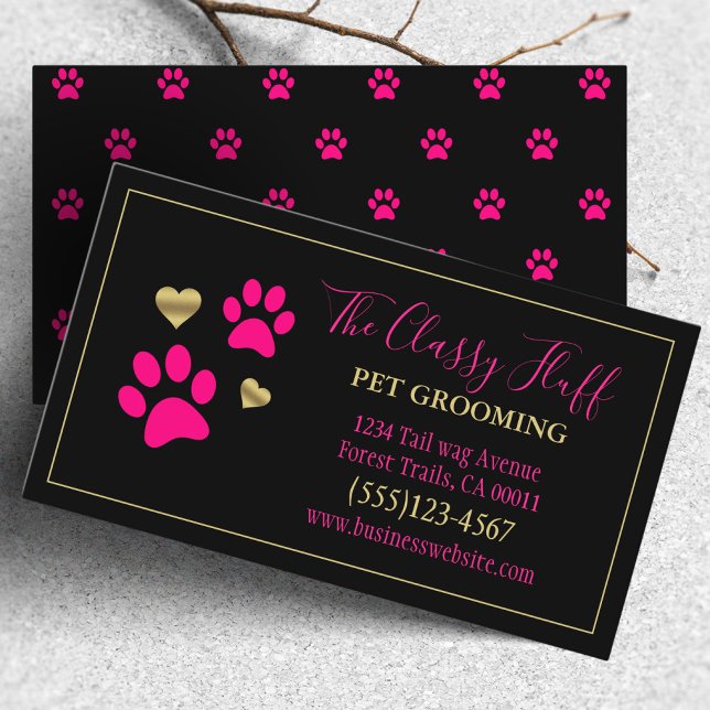 Stylish Dog Pet Grooming Paw Print Pink Black Business Card (Creator Uploaded)