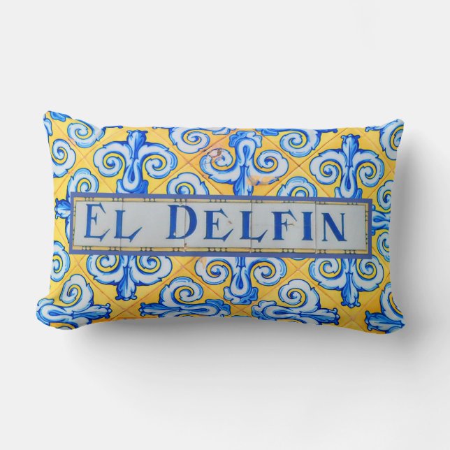 Stylish Dolphin Blue and Yellow Spanish Language Lumbar Cushion (Front)