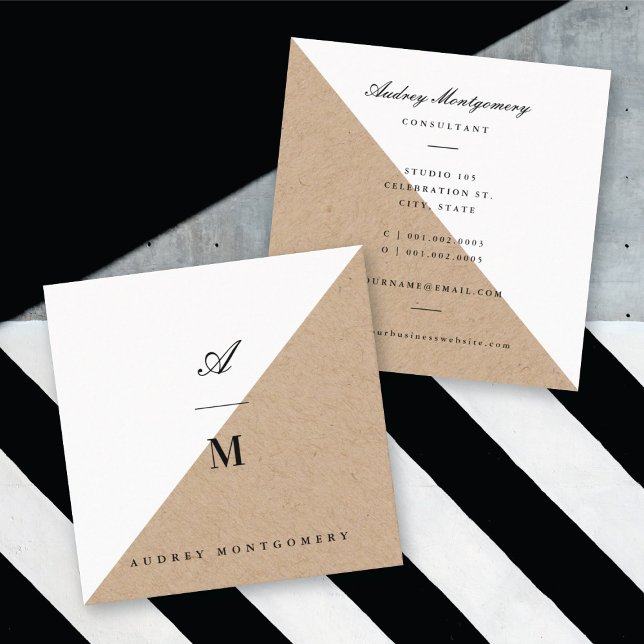 Stylish Double Monogram Kraft Modern Minimalist Square Business Card (Stylish Double Monogram Kraft Modern Minimalist Square Business Card / Profile Card @ fat_fa_tin)
