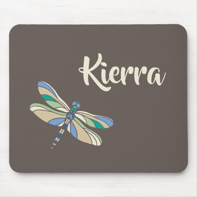 Stylish Dragonfly in Brown and Blue With Name Mouse Pad (Front)