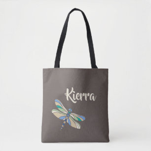 Stylish Dragonfly in Brown and Blue With Name Tote Bag