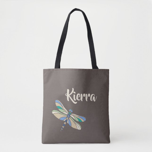 Stylish Dragonfly in Brown and Blue With Name Tote Bag (Front)