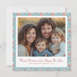 Stylish Duck Egg Blue and Pink Holly Photo Holiday Card