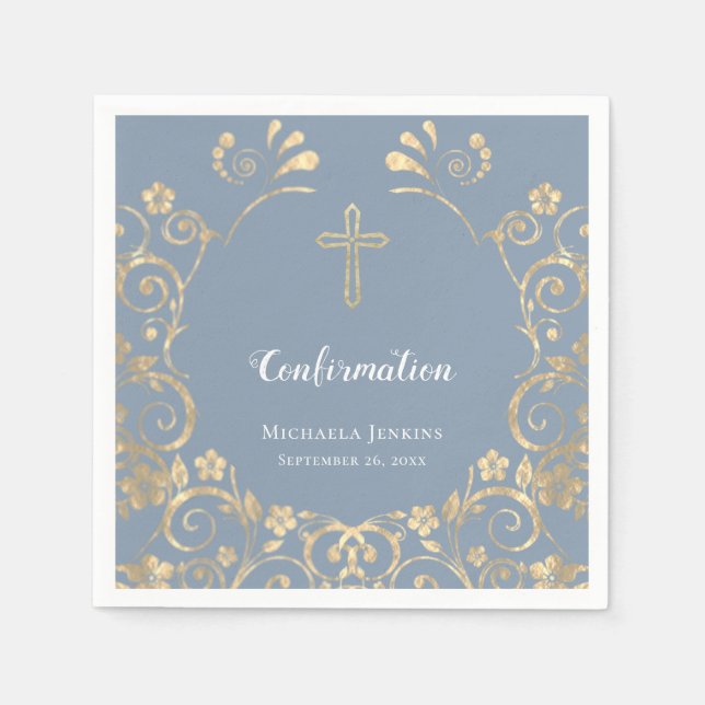 Stylish Dusty Blue and Gold  Confirmation  Napkin (Front)