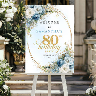 Stylish dusty blue eucalyptus gold 80th birthday  poster