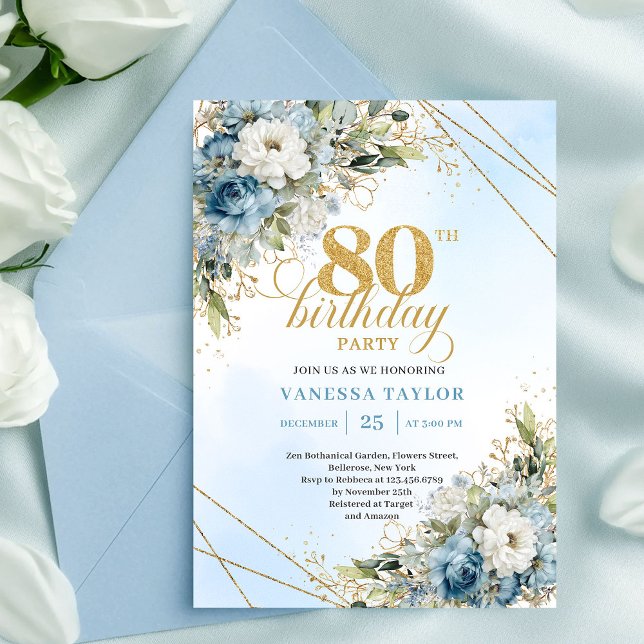 Stylish Dusty Blue Floral Gold 80th Birthday Invit Invitation (Stylish Dusty Blue Floral Gold 80th Birthday Invite Pro

)