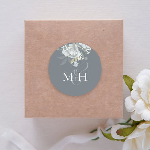 Stylish Dusty Blue Floral Simple Monogram Flower Classic Round Sticker
