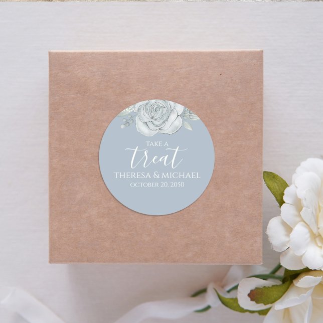 Stylish Dusty Blue Floral Take A Treat Calligraphy Classic Round Sticker (Creator Uploaded)
