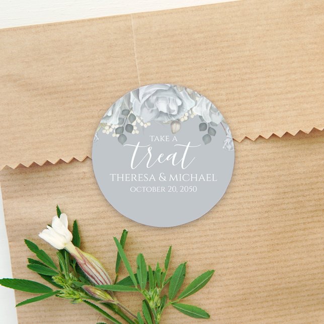 Stylish Dusty Blue Floral Take A Treat Calligraphy Classic Round Sticker (Creator Uploaded)