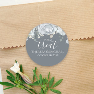 Stylish Dusty Blue Floral Take A Treat Calligraphy Classic Round Sticker
