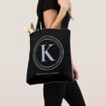 Stylish Dusty Blue Monogram Name Black Tote Bag<br><div class="desc">Simple tote bag is personalised with your monogram initial surrounded by dusty blue circles and your full name below. Ideal for yourself,  for your bridesmaids,  book club,  graduation gift,  birthday gift,  or any occasion. MORE colours in our store.</div>
