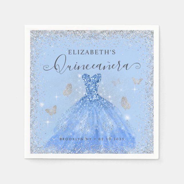 Stylish Dusty Blue Silver Glitter Gown Quinceañera Napkin (Front)