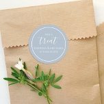 Stylish Dusty Blue Simple Take A Treat Calligraphy Classic Round Sticker<br><div class="desc">A simple thank you favour thank you label sticker template. this design features a minimalist take-a-treat template, favour sticker label decal layout, a modern elegant classic formal reception, wedding bride-groom names, candy buffet bar cookie, a dusty blue colour scheme, simple minimalist minimal, custom customise whimsical chic, creative stylish classy labels,...</div>