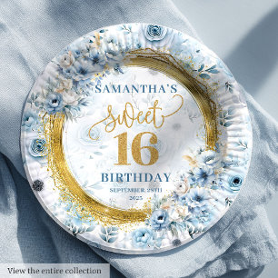 Stylish Dusty Blue Sweet 16 Gold Glitter Plates