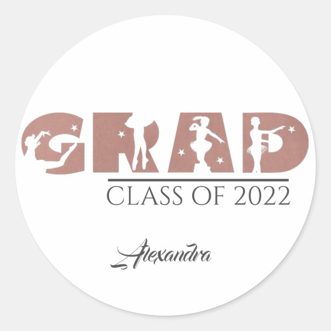 Stylish Dusty Rose Custom Text Dancing Graduation Classic Round Sticker (Front)
