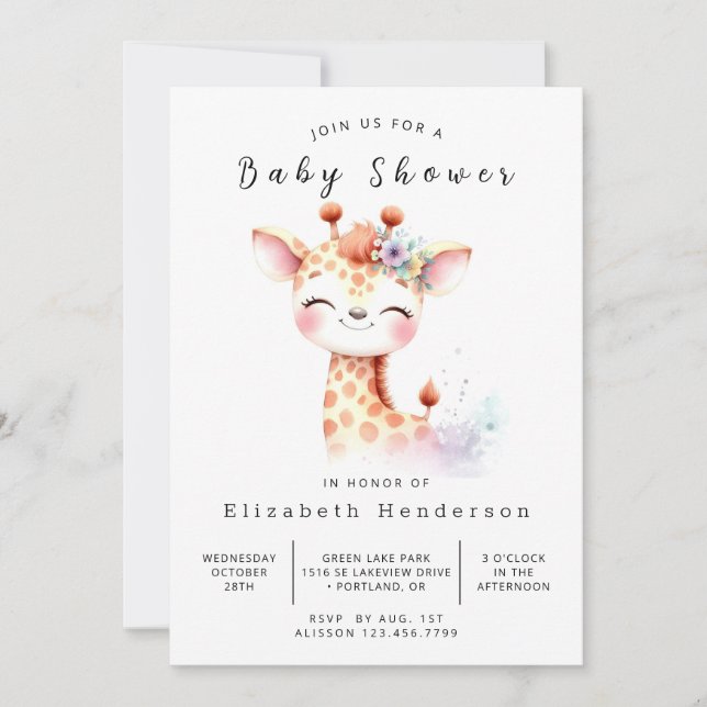 Stylish Editable Giraffe Baby Shower Invitation (Front)