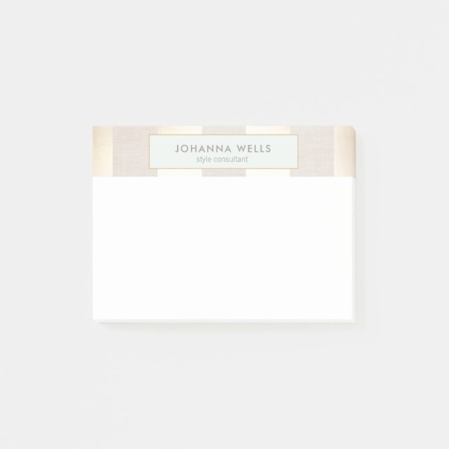 Stylish Elegant Beige Linen and Gold Striped Post-it Notes (Front)