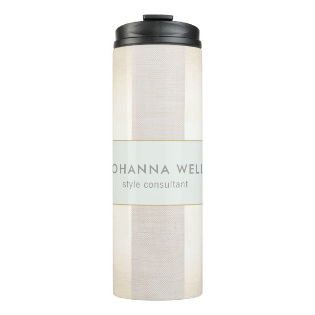 Stylish Elegant Beige Linen and Gold Striped Thermal Tumbler (Front)