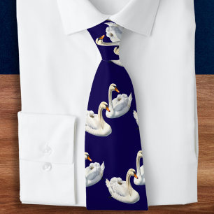 Stylish Elegant Birds Navy Blue Lake White Swans Tie