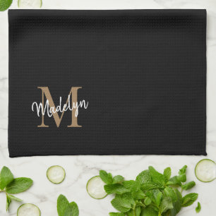 Stylish Elegant Black Gold Monogram Script Name Tea Towel
