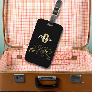 Stylish Elegant Black Gold World Map & Aeroplane Luggage Tag